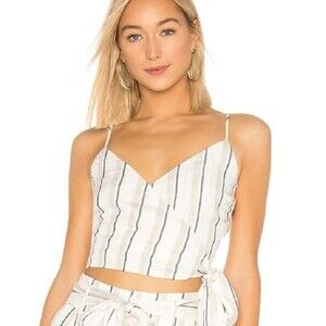 RAILS Large White Khaki Blue Stripe Smocked Wrap Crop Top Juliana Coco Linen